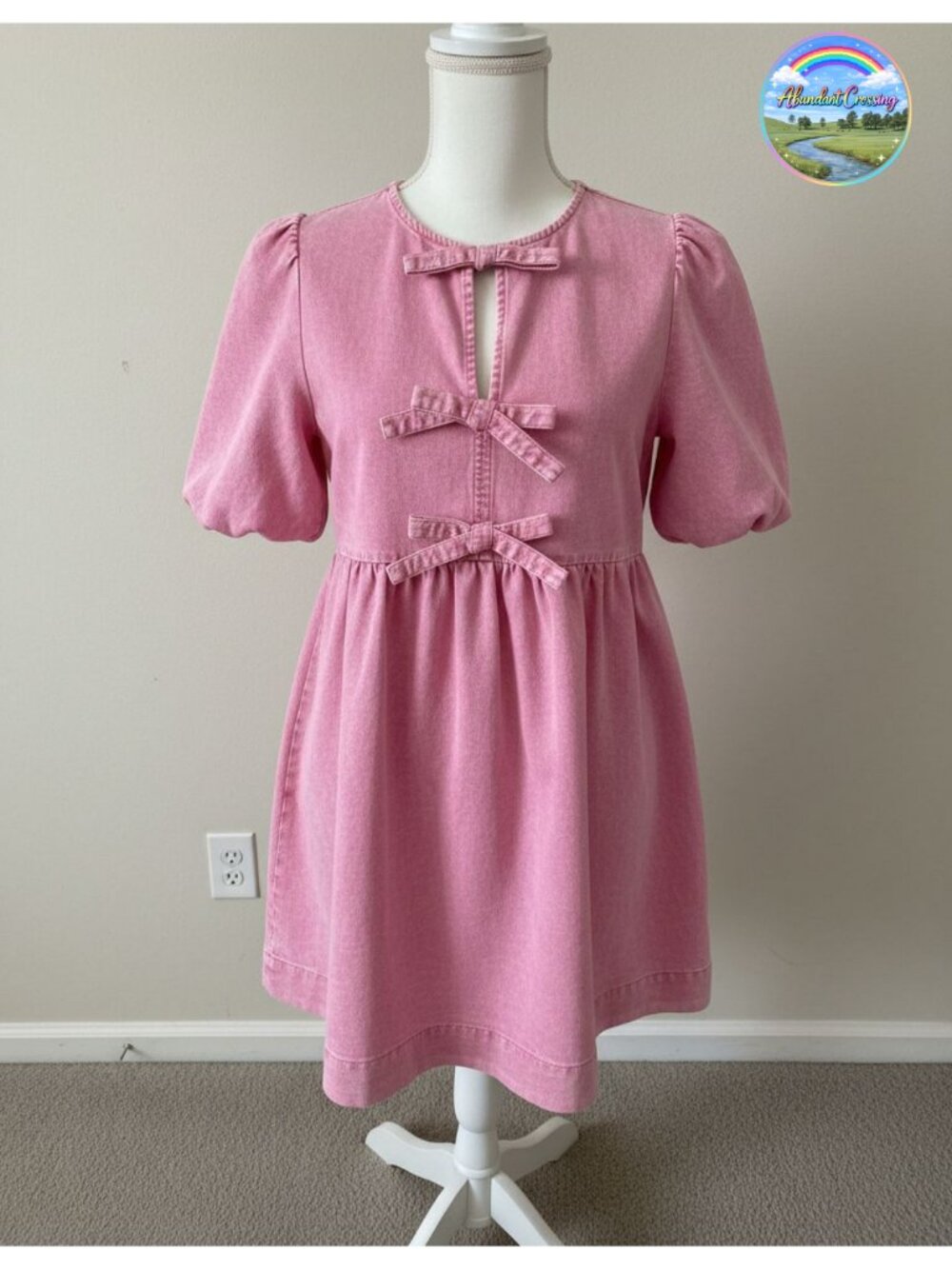 Womens Cotton Denim Babydoll Dress Puff Sleeve Bow Tie Jean Dress Casual